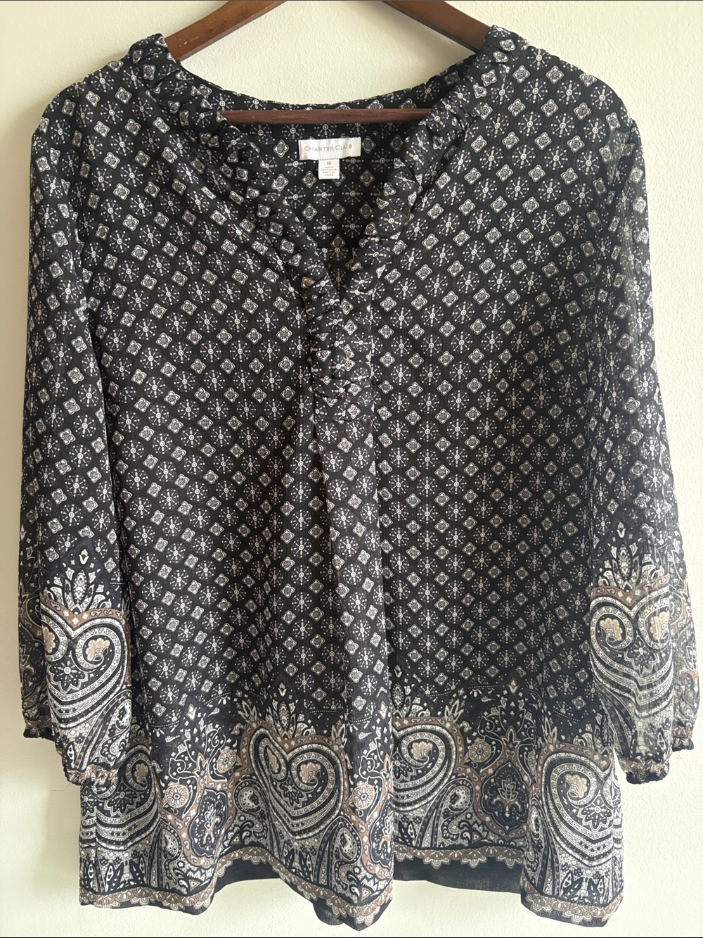 Charter Club Black Paisley Boho Peasant Blouse Size 16